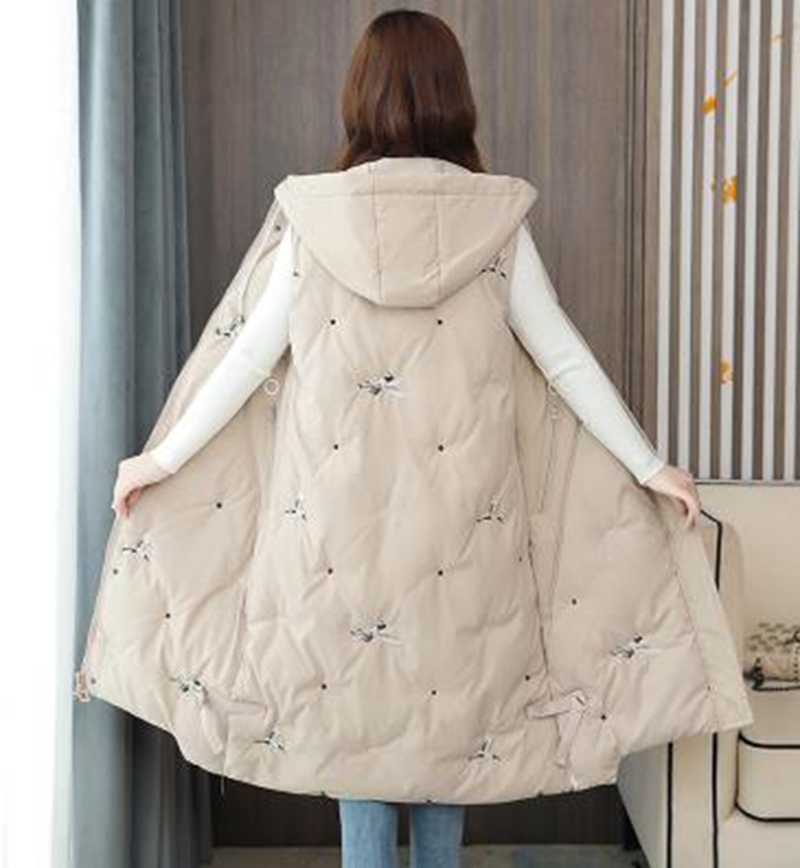 

Wholesale fashion women's embroidered new autumn and winter mid-length slim fit hooded waistcoat padded jacket, Black