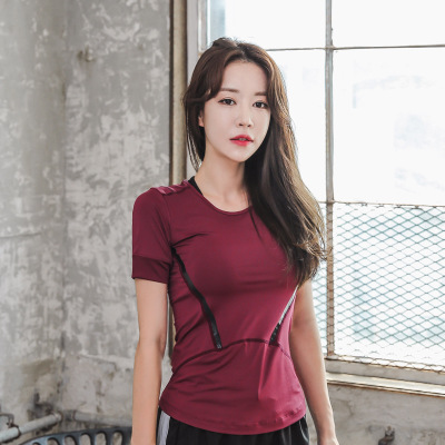 

Korean version of the new Summer sports short-sleeved fitness stretch yoga clothing stitching mesh sleeves Slim round neck shirt