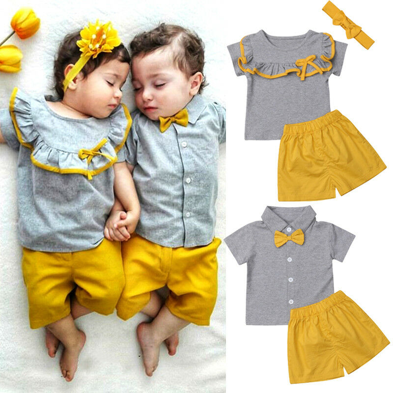 

Brand New Toddler Kids Baby Girl Boy Sister Brother Sets Ruffles/Bowknot Short Sleeve Tops Shirt+Yellow Shorts 2Pcs Clothes, Brother 2pcs