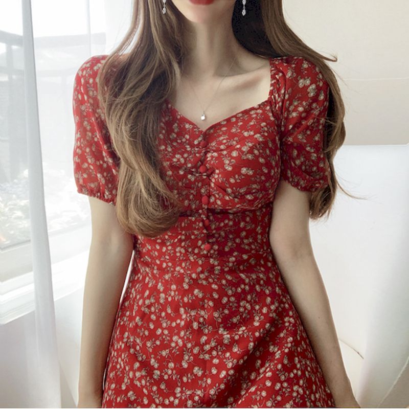 

2020 women' dress new product Korean version retro sexy niche retro gentle V-neck puff sleeve slim high waist floral, Khaki