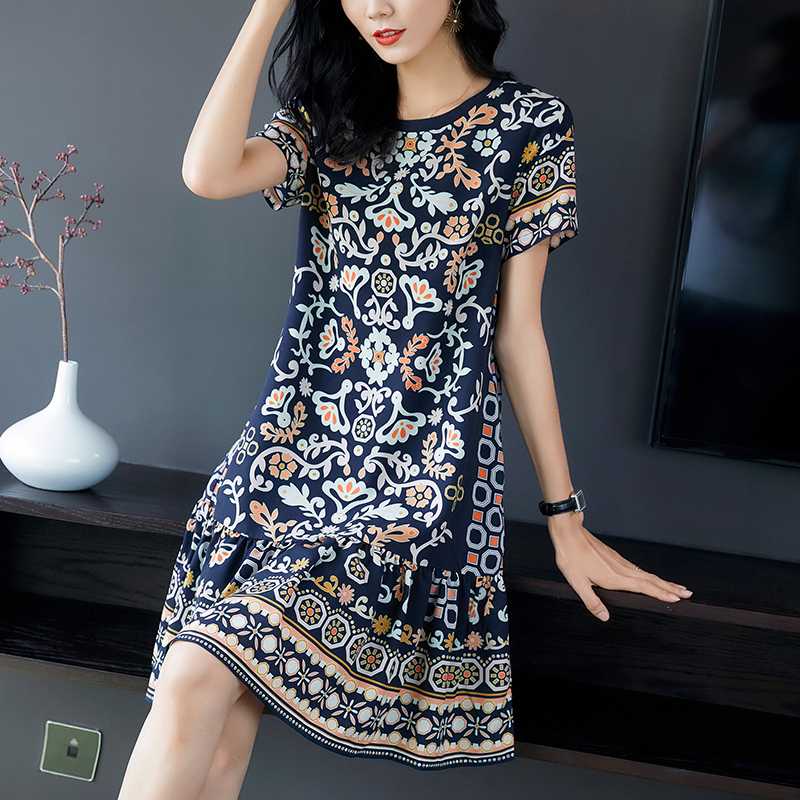 

100% Natural Silk Women 2020 Summer Dresses Elegant O-neck Short Sleeve Print Ruffles Loose Real Pure Silk Lady Mermaid Dress, Dark blue