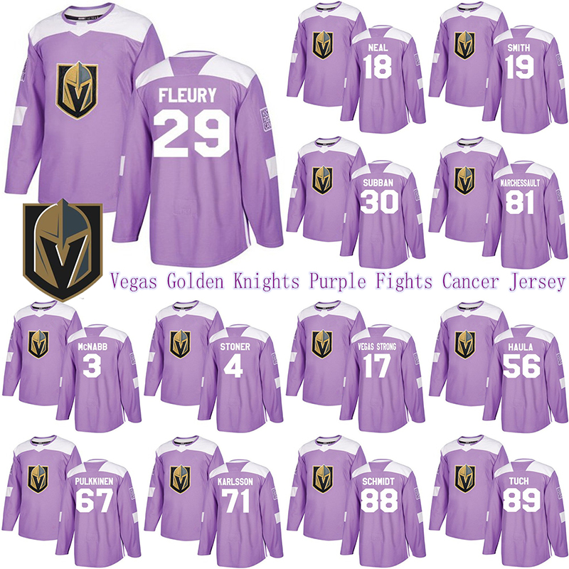 

Vegas Golden Knights Purple Fights Cancer Jersey 29 Marc-Andre Fleury 75 Ryan Reaves 61 Mark Stone 19 Reilly Smith Hockey Jerseys