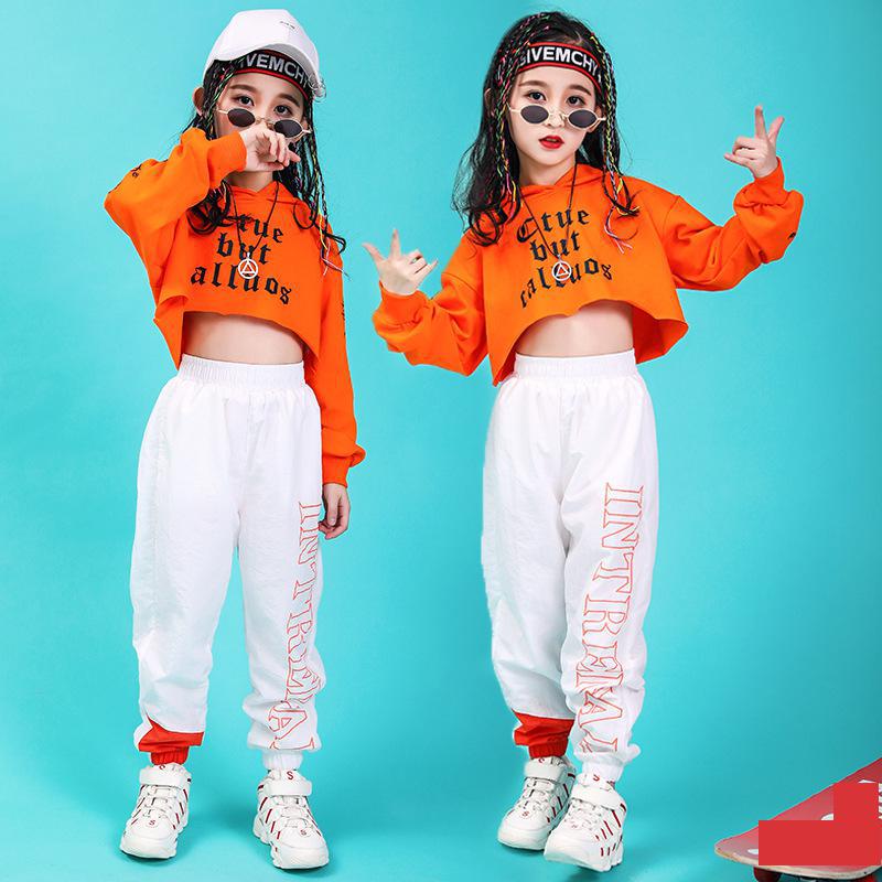

Children Hip Hop Clothing Orange Cropped Hoodie T Shirt Sweatshirt Casual Pants Girls Jazz Dance Hiphop Performance Clothes Wear, Crop hoodie