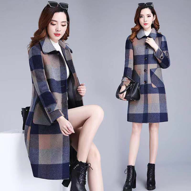

2020 New Women Plaid Coat V Neck A Shape Pattern Woolen Cloak For Winter Autumn Knee Length Slim Elegant Outwear Plus Size, Blue