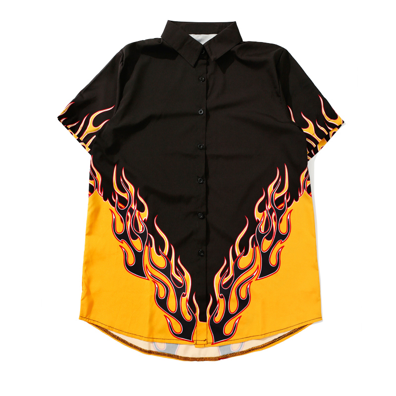 

Harajuku Fashion Flame Print Women Shirts Retro Cotton Loose Lapel Short Sleeve Shirts Mid-Long Streetwear Hit Color, Black