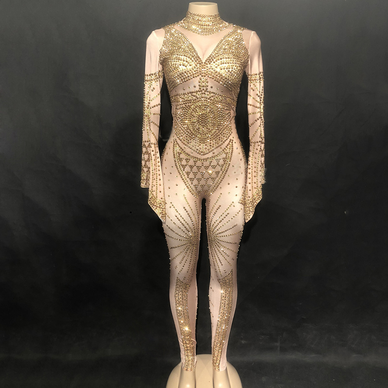 

New Sexy Gold Rhinestones Jumpsuit Women Jumpsuit Performance Evening Dance Stage Show Party Wear Singer Dancer Costumes DT310, As picture