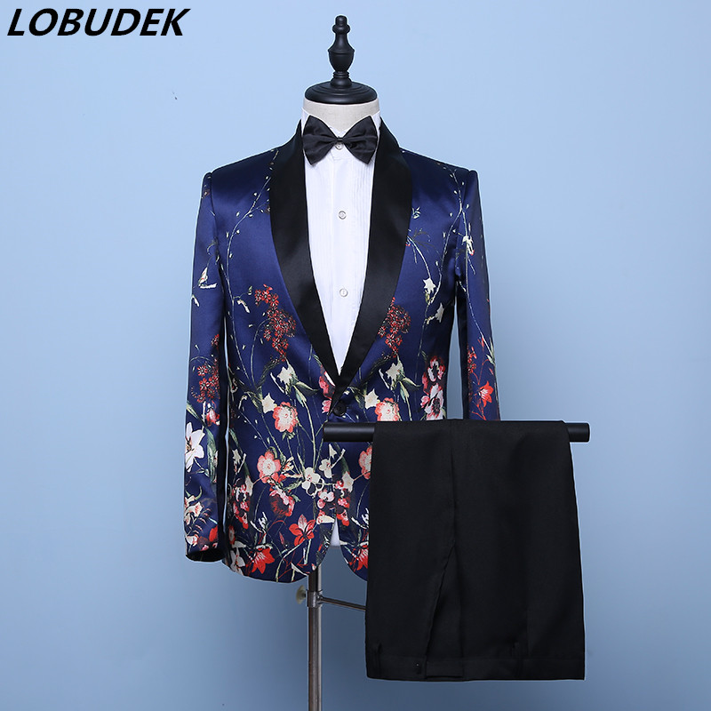

England Style Men' Wedding Banquet Suits Male Bridegroom Singer Evening Party Host Slim Blazer Tuxedo Floral Print Suit 2-piece, 2 pieces