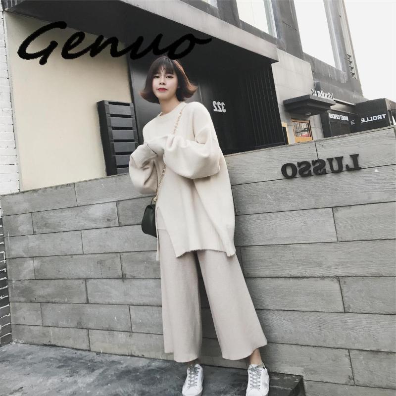 

Genuo Women Sets Sweaters+pants Two Pieces 2020 Autumn Winter New Female Long Sweater With Wide Leg Pant Loose White Woman Sets