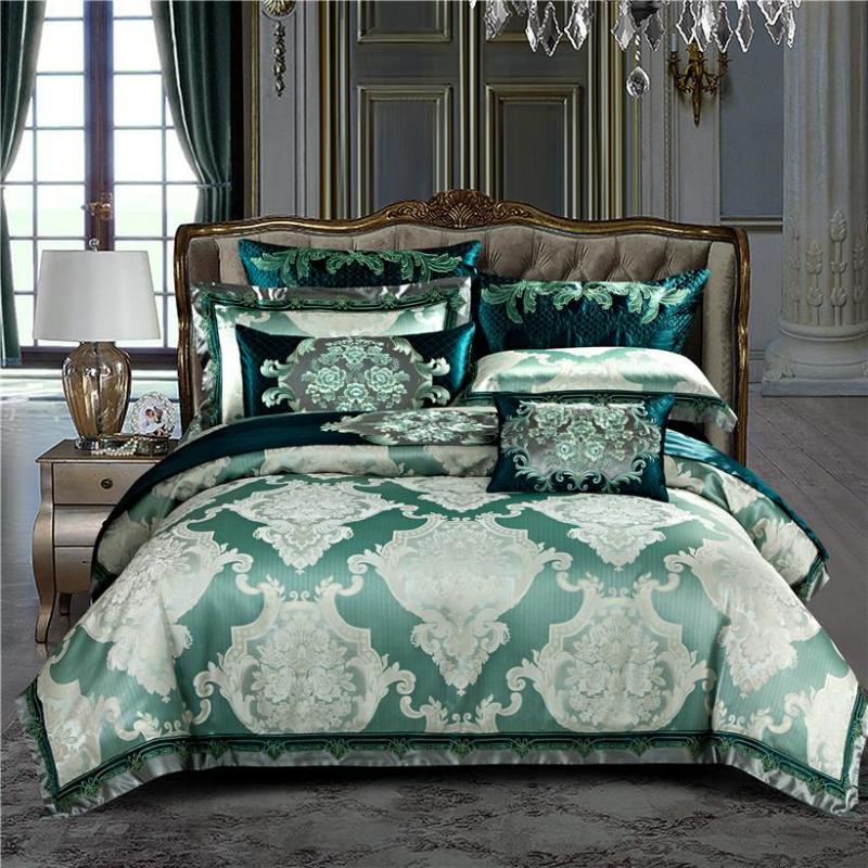 

38Luxury Royal Bedding set Queen King Bed set Satin Egyptian Cotton Green Duvet cover Bed sheet spread linge de lit funda cama