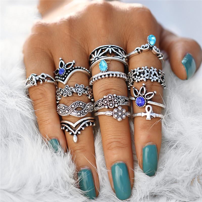 

10Set Retro Flower Infinite Knuckle Rings For Women Vintage Geometric Pattern Crystal Rings Set Party Bohemian Jewelry Christmas Gift