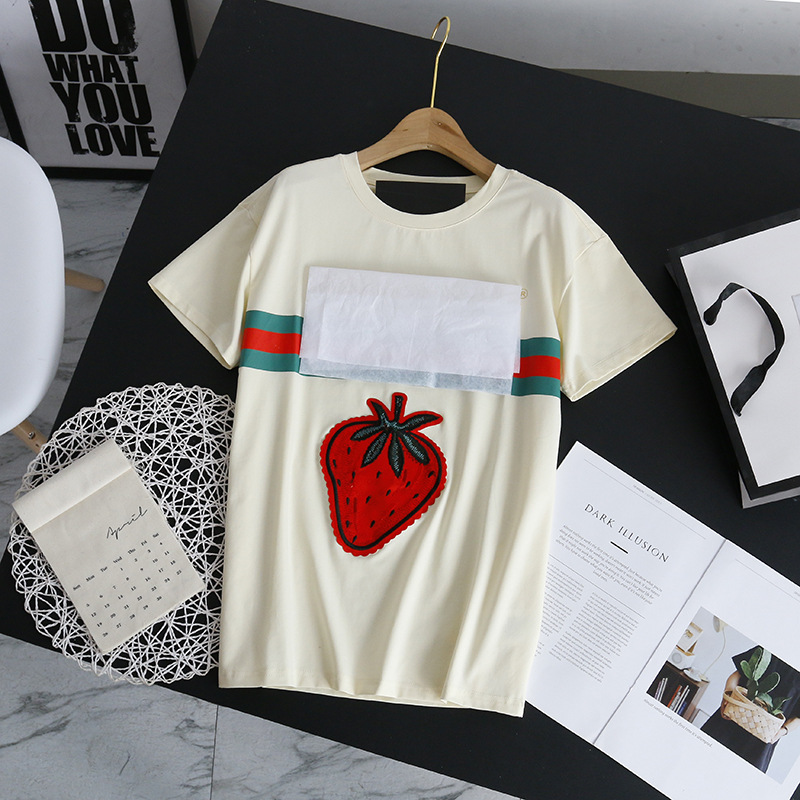 

Women's Fashion Trendy Brand T-shirt Strawberry Print Loose T-shirt Pure Cotton Short Sleeve Round Neck Casual Top T-shirt, White