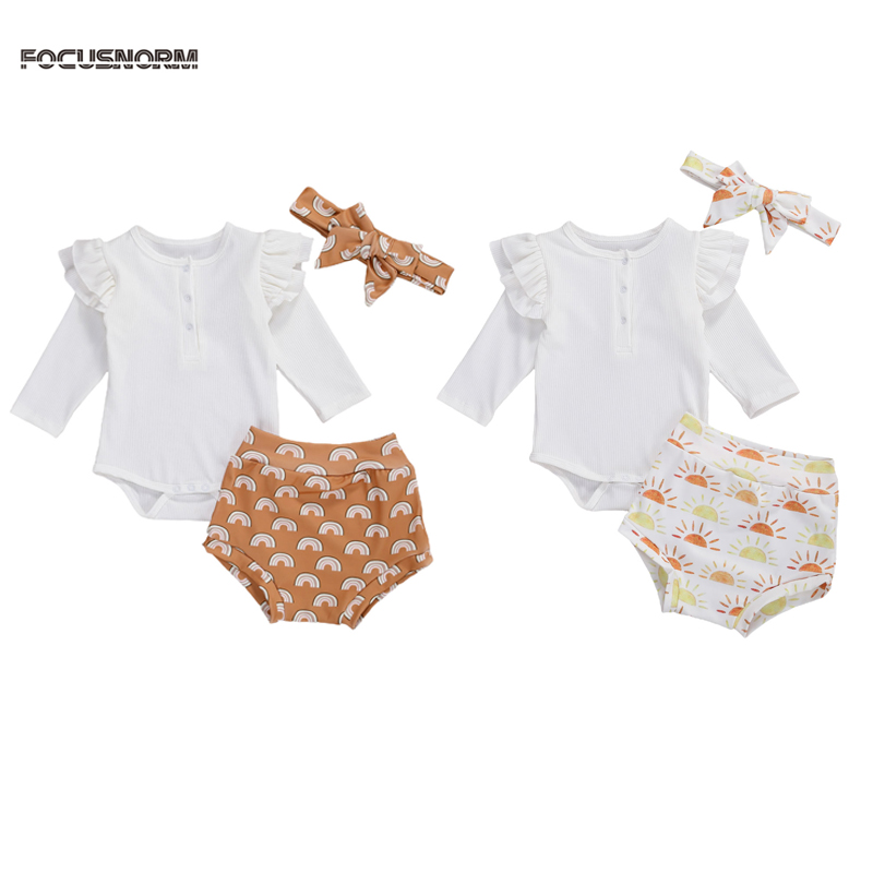 

FOCUSNORM 0-18M Newborn Baby Girls Boys Clothes Sets Autumn Long Sleeve Ruffles White Romper Rainbow Print Shorts Headband