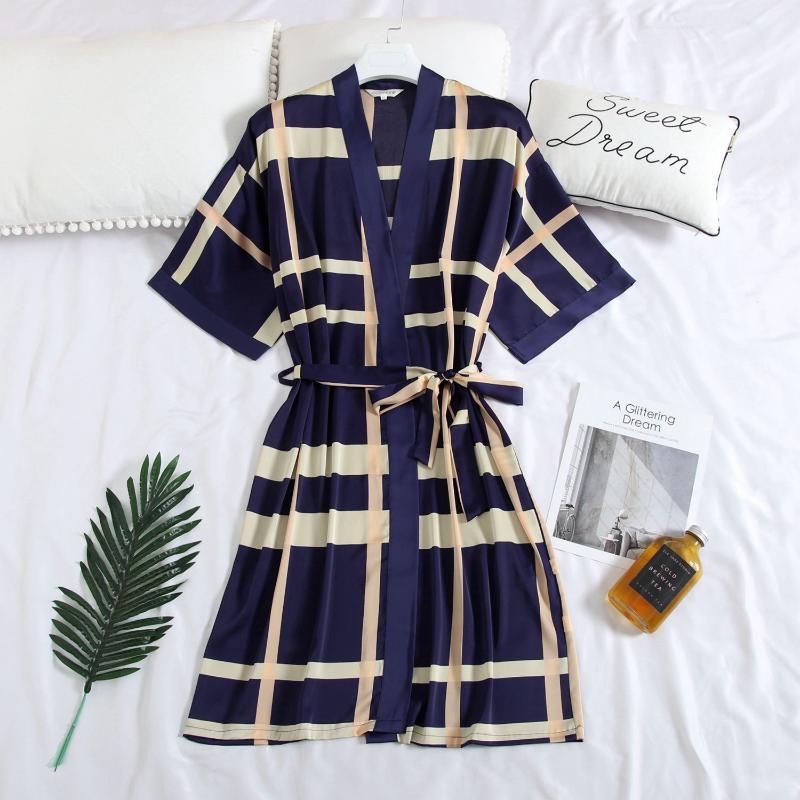 

Plus Size Men Robe Kimono Bath Gown Summer Casual Loose Sleepwear Nightgown Print Nightwear Silky Satin Half Sleeve Home Clothes, Style5