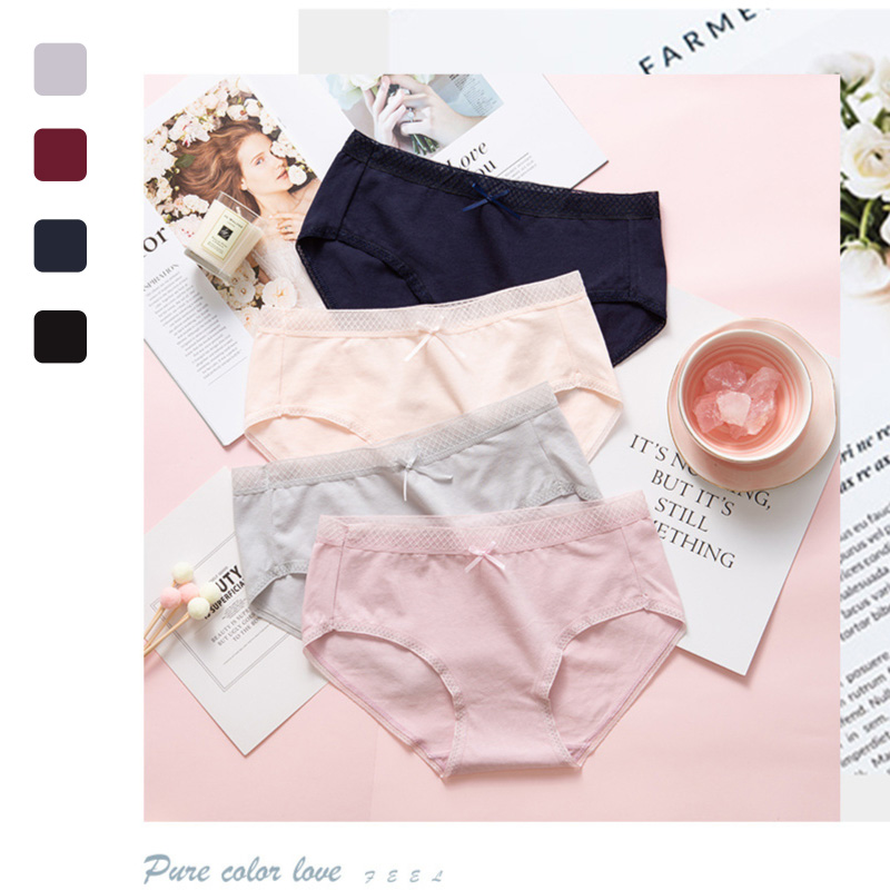 

norns cotton crotch mid-waist bag hip panties bowknot women cotton breathable solid color panties, Navy blue