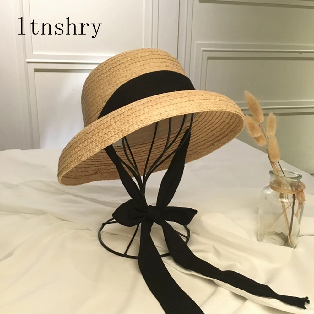 

New fashion women' Summer sun hat Handmade Raffia cap Visor Ribbon hat Wide side Travel vacation Beach hat Elegant lady seaside Y200619