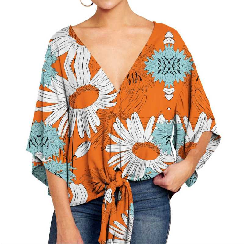 

Fashion Women Half Sleeve Printed Blouse V Neck Shirt Ladies Party Streetwear blusas femininas elegante Plus Size, Black