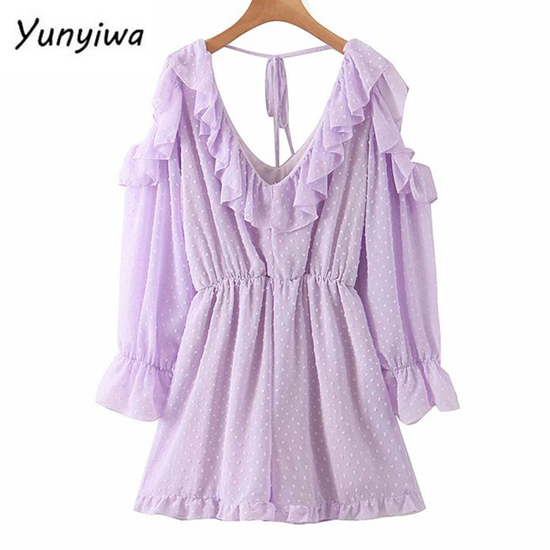 

Vintage Dotted Sweet Ruffle Jumpsuit Women V Neck Long Sleeve Holiday Summer Beach Jumpsuit Short Romper Playsuit mono mujer, As pic