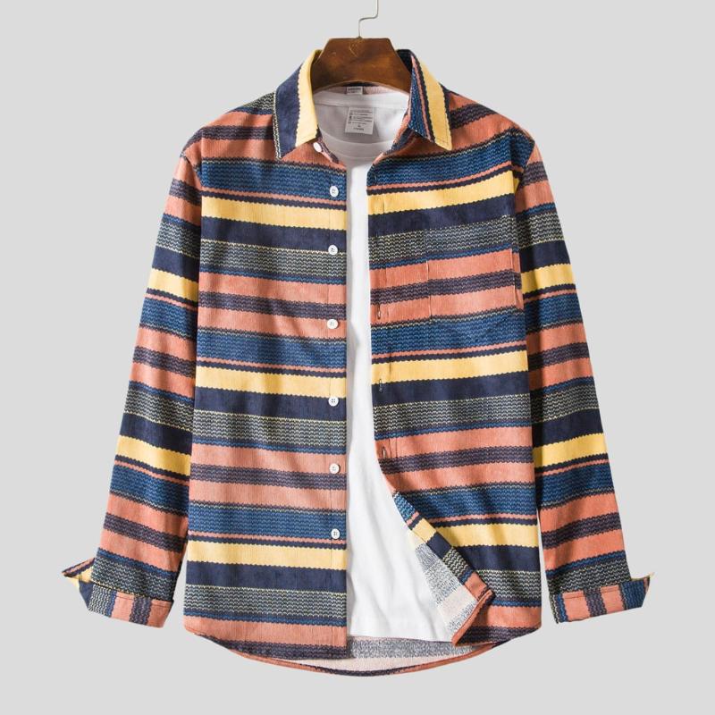 

Men Corduroy Shirt Striped Fashion Retro Splicing Corduroy Leisure Retro Long-sleeved Shirt Top Casual Blouse Male Tops Camisa, Multicolor