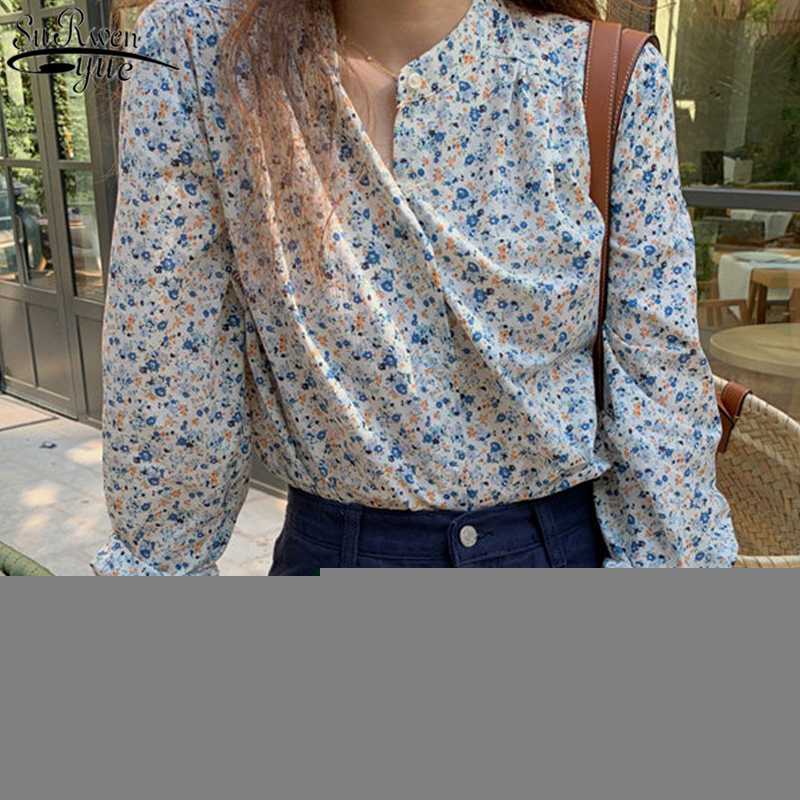 

2020 New V-neck Shirt Women Korean Loose Chic Retro Blouse Autumn Fashion Sweet Floral Elegant Long Sleeve chemisier femme 10189, Picture
