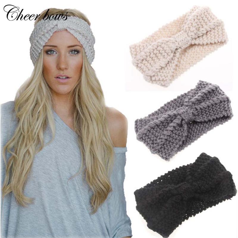 

Winter New Fashion Solid Wool Warm Crochet Bow Headband For Lady Women Head Bands Knitting Headwraps Hair Accessories
