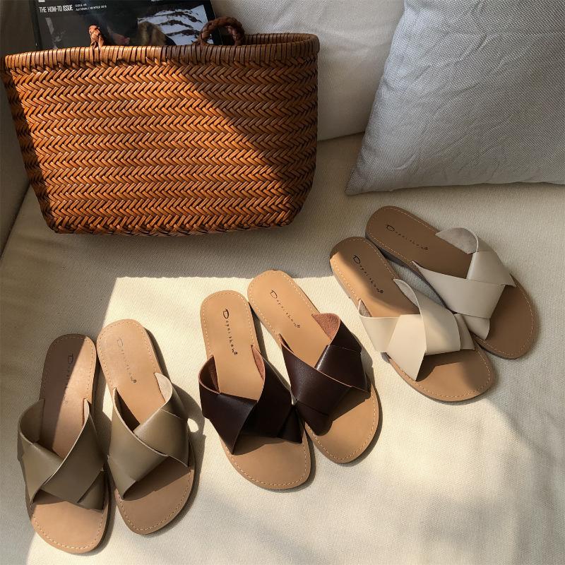 

2020 Fashion Women's Slipper Women's Ladies Casual Outer Wear Waterproof Flat Cross Shoes Vacation Summer Slipper 35-39, Beige