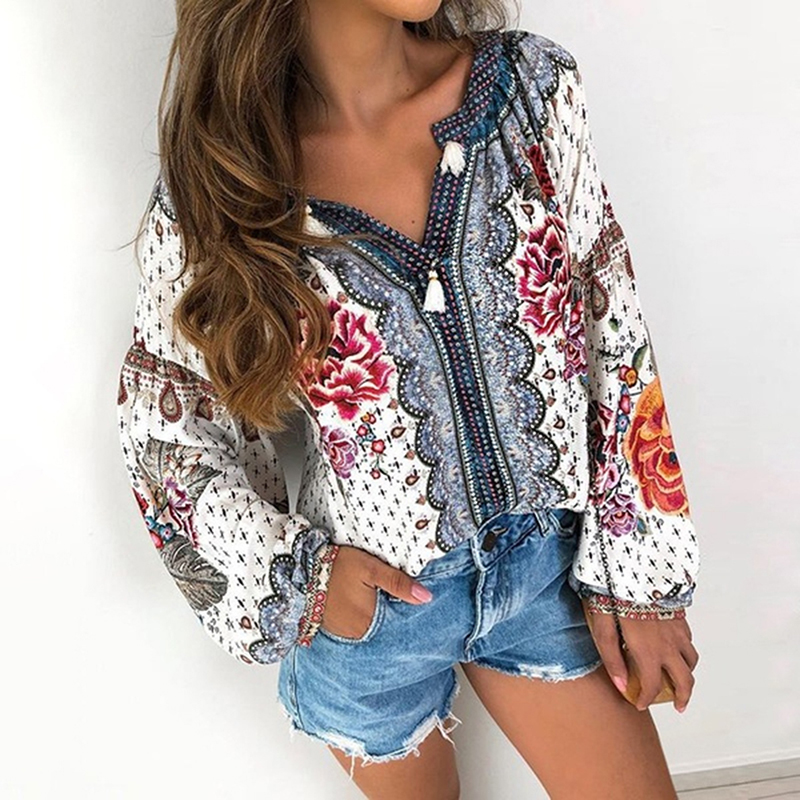 

Autumn Women Leisure Blouse Female Deep V-neck Tops Ladies Lantern Sleeve Shirt For Ladies Women Loose Clothing, Red