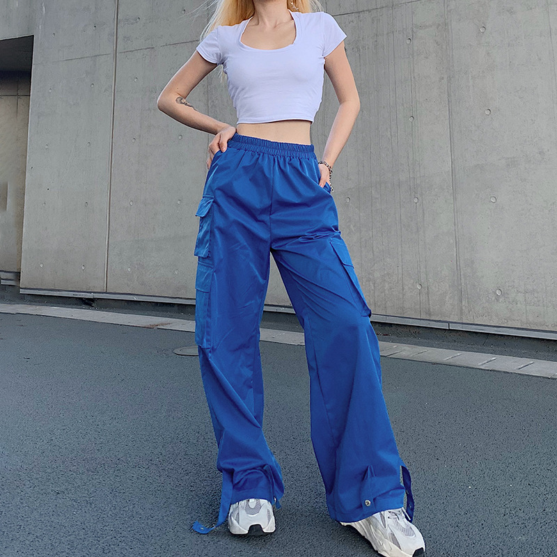 

Handsome Pocket High Waist Wide Leg Bib Overall Female 2020 Summer European and American New Women' One-Piece Hair, Blue