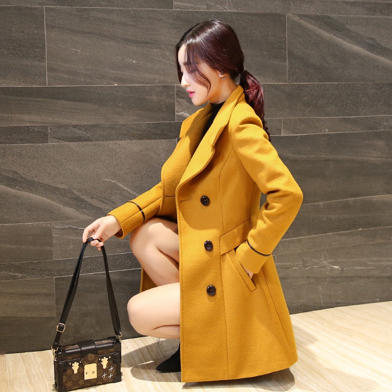 

2020 Autumn and winter new double-breasted slim mid-length women's lapel fashion woolen coat womens coats winter AL965, Khaki