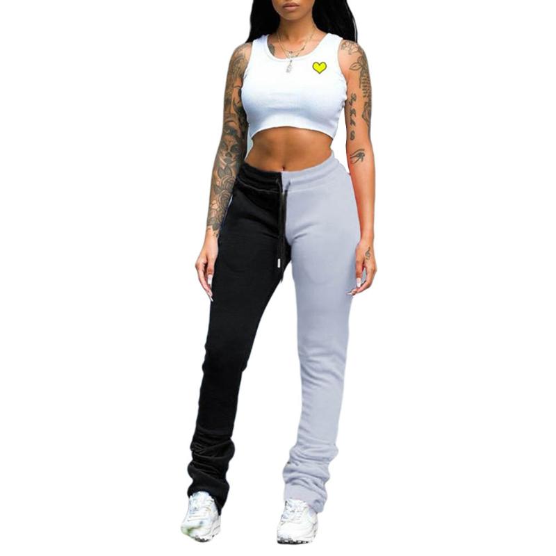 

Women Color Block Trousers Summer Loose Drawstring Pants with Side Pockets Casual Style Clothes, Gray