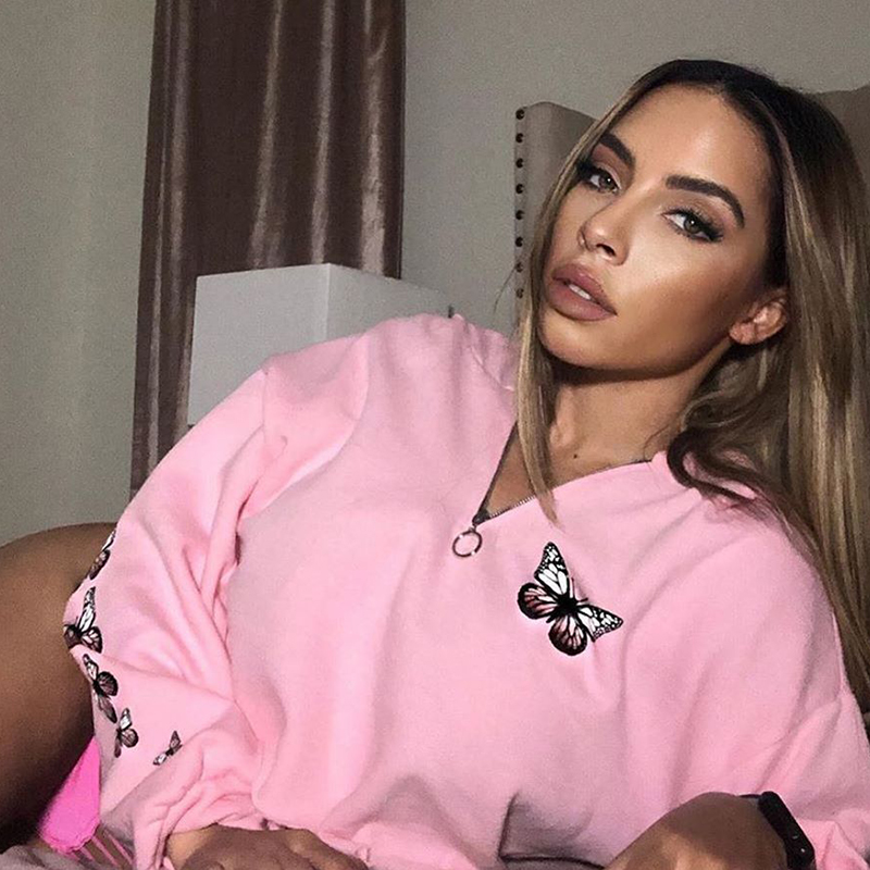 

2020 Butterfly Print Pink Crop Top Hoodies Casual Loose Long Sleeve Sweatshirt Women Fashion Zippers Pullover Autumn Clothing