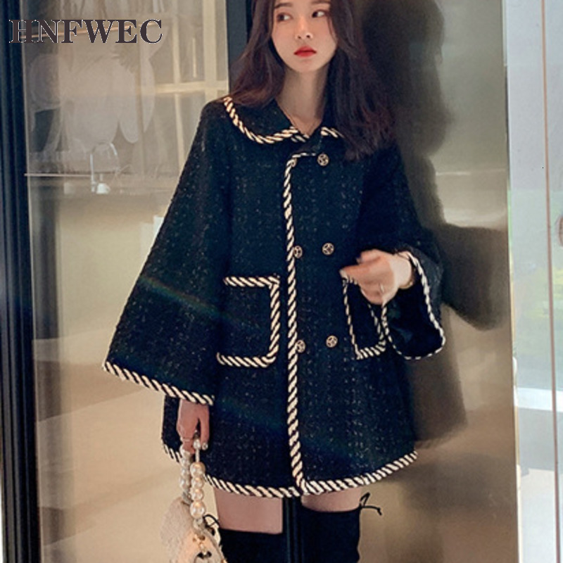 

2020 autumn and winter new Fashion lapel black double-breasted long section thick woolen woolen coat female V470
