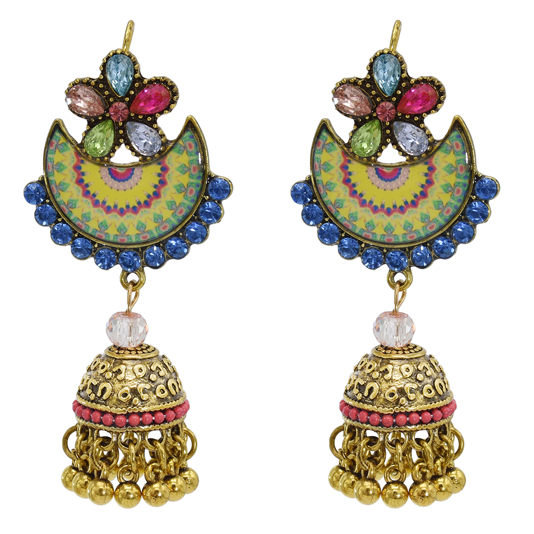 

Indian Flower Moon-shaped Mandala Flower Gold with Crystal Beads Tassel Stud Earrings for Women