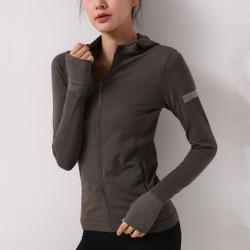 

Women Sport Jackets Thumb Hole Gym Running Jacket Zipper Yoga Coat Motion Hoodies Quick Dry Sportwear Fitness Hooded Tops Female, Sa-ms09 brown