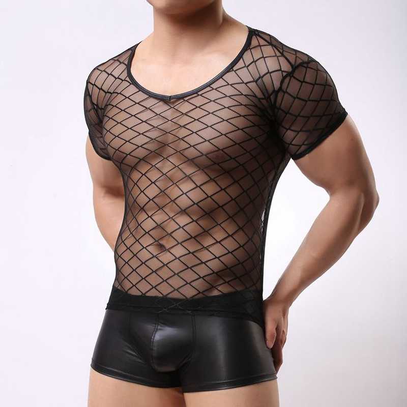 

Sexy Men Undershirts Plaid Mesh Transparent Short Sleeve Shirts Gay Lenceria Exotic Clubwear Male Sleepwear Roupas Masculinas, Black
