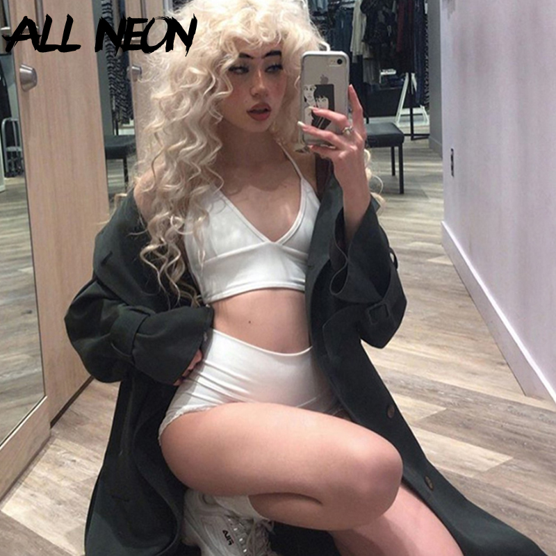 

ALLNeon Fashion Deep V Halter Bandage Cropped Tops Streetwear Backless Sexy Summer Underwear Solid Party Straped Tank Tops 2020, Black