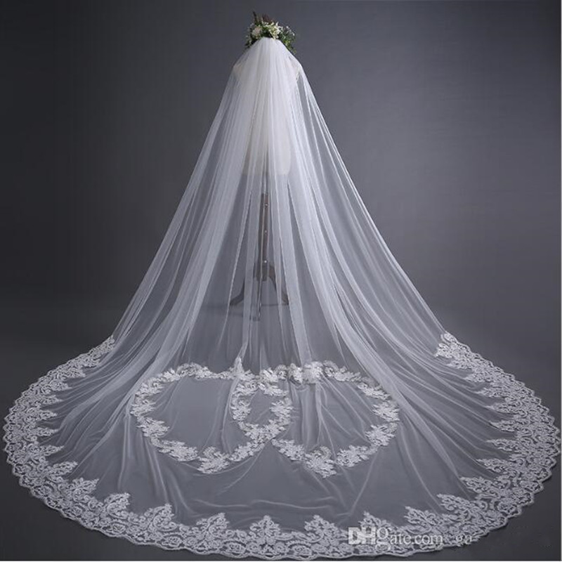 

Custom Made Bride Veils Long Cathedral Length Elegant Lace Appliques 3M Long Wedding Veil HEART Pattern Fashion Long Wedding Veil, White
