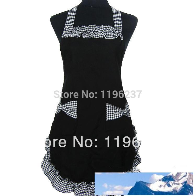 

Wholesale-1pcs Cute Vintage Flirty Fabric Bowknot Aprons for Woman Restaurant Black Apron Cooking Bib delantal cocina divertido