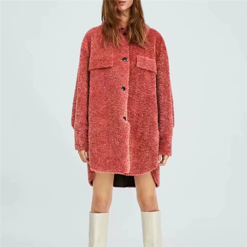 

2020 New Autumn And Winter Shirt Female Fashion Suede Lapel Fleece Long section Coat Single-breasted Coat Ladies Tops High Grade, Red