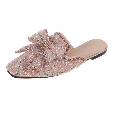 

2020 spring summer autumn new rhinestone square head sandals Baotou bowknot fashion wild plus size slippers women, Black