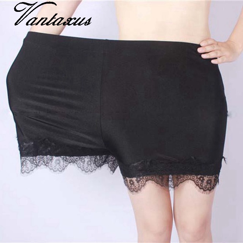 

2020 women summer lace shorts plus size 5XL black white short shiny cparis floral spliced comfort big short neon trousers, Black lace