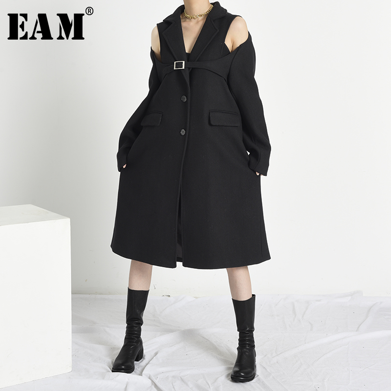 

EAM] Loose Fit Off Shoulder Temperament Long Woolen Coat Parkas New Long Sleeve Women Fashion Tide Autumn Winter 2020 A410, Black