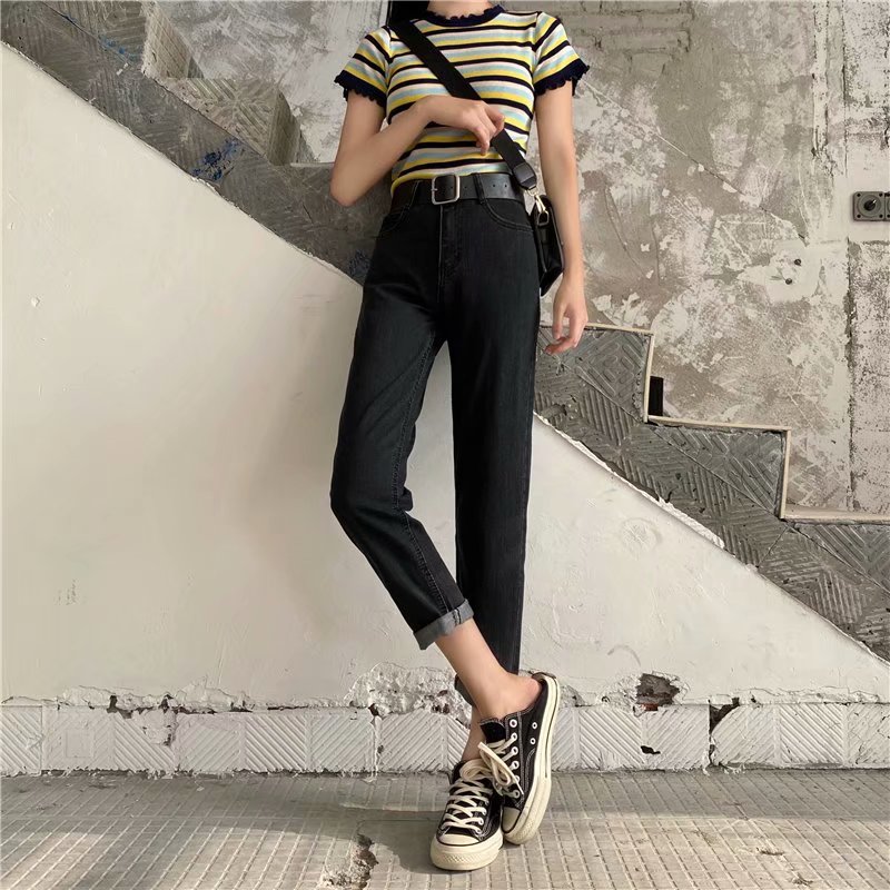

Korean version of the large size high waist nine points jeans women straight straight loose loose wide leg harem pants, Dark grey