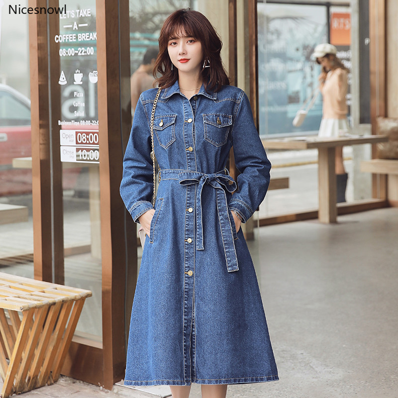 

fashion Denim Dress Female Long-sleeved 2020 Spring Autumn new Korean Lace-up Slim waist Long Denim Trench Coat for Women b109, Blue