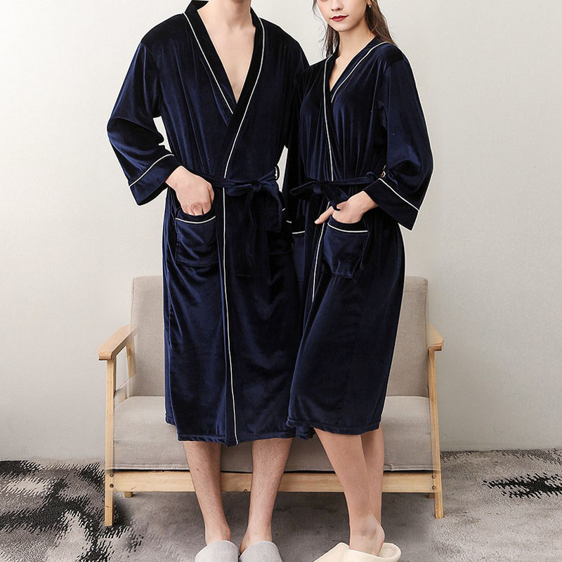 

Warm Flannel Robe Winter Couple Style Long Sleeve Bathrobe Sexy V-Neck Women Men Nightgown Lounge Sleepwear Home Clothes, Green(women)