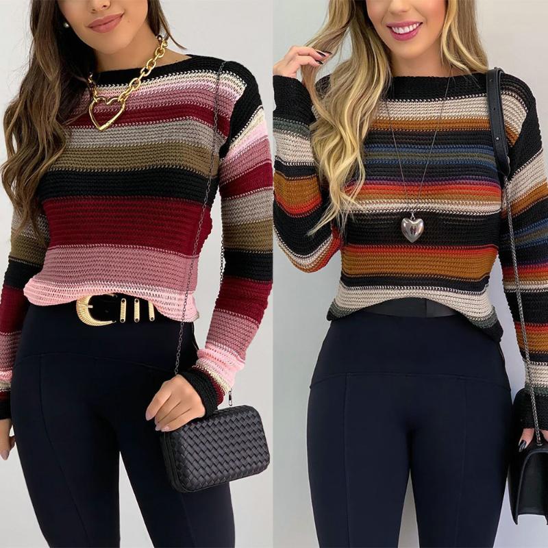 

2020 New Autumn Winter Striped Pullover Women Sweater O-Neck Slim Long Sleeve Knitted Fashion Woman Sweaters Tops Femme Jumper, Pink striped