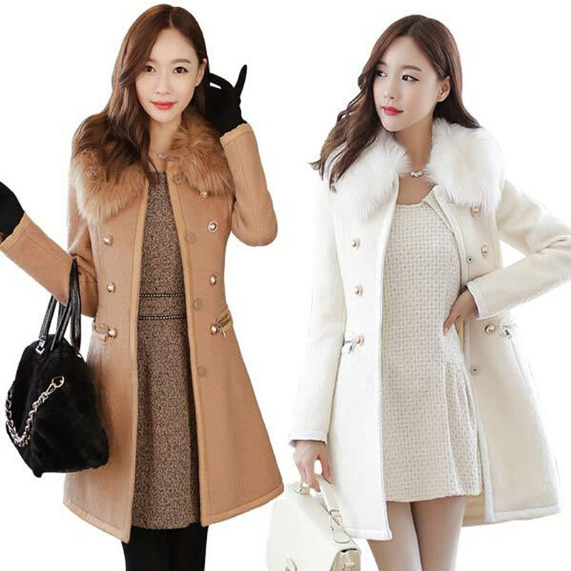

Coat Spring Autumn Women' Fur collar double-breasted Thicken Coats Outwear high-quality Female White Black wool jacket L824