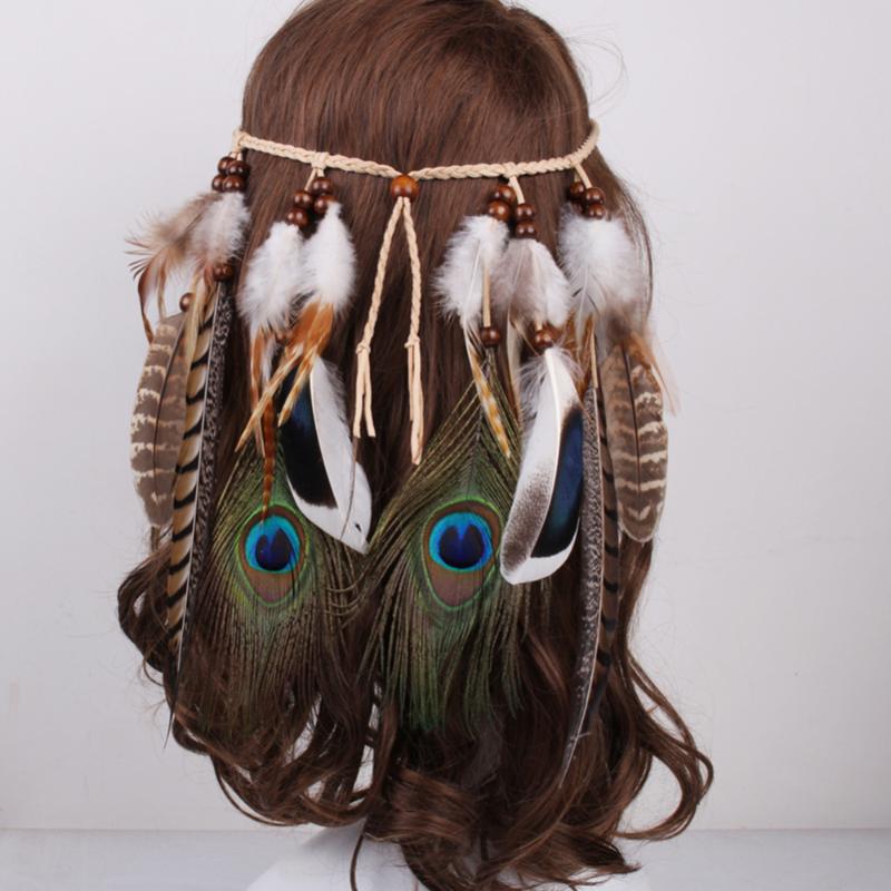

New Arrival Women Color Bead Headband Bohemian Peacock Feathers Leather Pendants Hair Accessories Female Hair Band