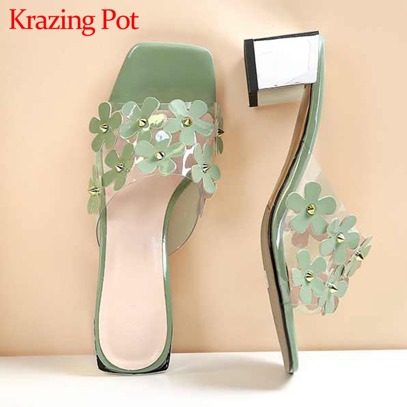 

Krazing pot new arrival large size peep toe high heels handmade shoes flower decorations beauty lady dating sandals women L9f5, Green
