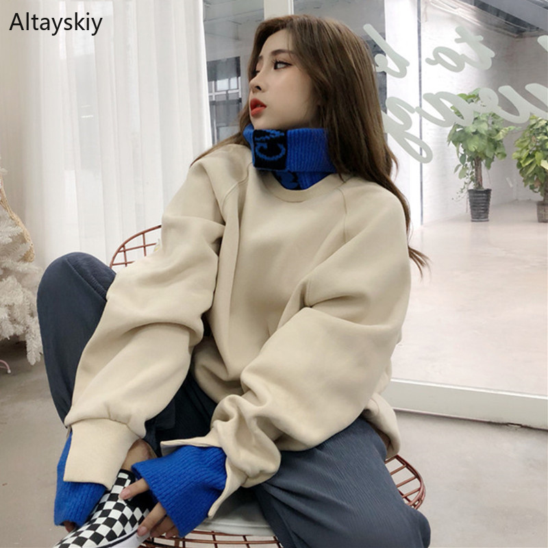 

Hoodies Women Patchwork Simple Turtleneck Large Size Chic All-match Letter Womens Korean Long Lovely Streetwear Sweatshirts 2020, Black