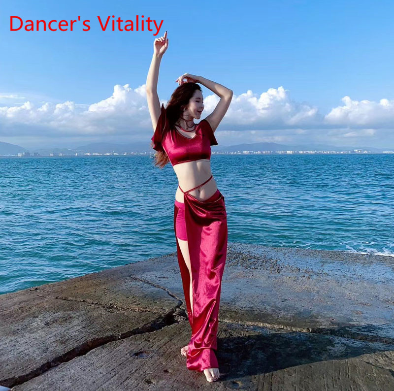 

2020 Female New Belly Dance Practice Suit Sexy Satin Short Sleeves Top Long Hip Skirt Performance Dancing Set Women Dancing Skir, Black
